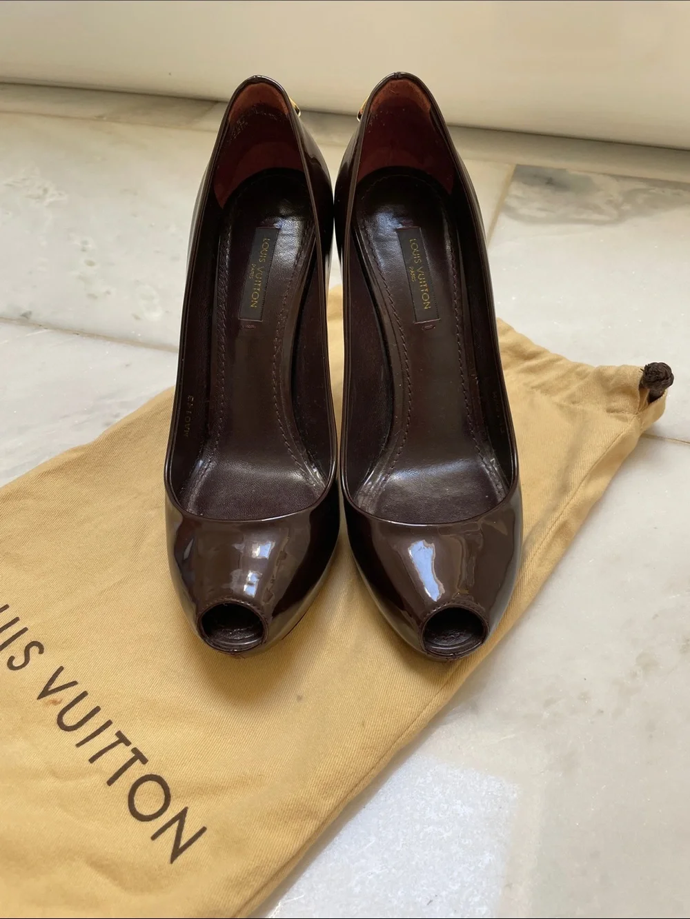 Louis Vuitton Brown Patent Peep-Toe Stiletto Heels with Gold Hardware